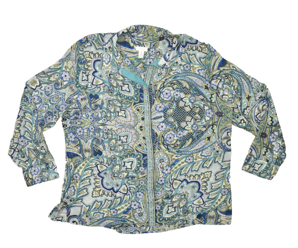 Chico's Paisley Blouse Women's Plus Size 3 Sheer Collared V-Neck Polyester